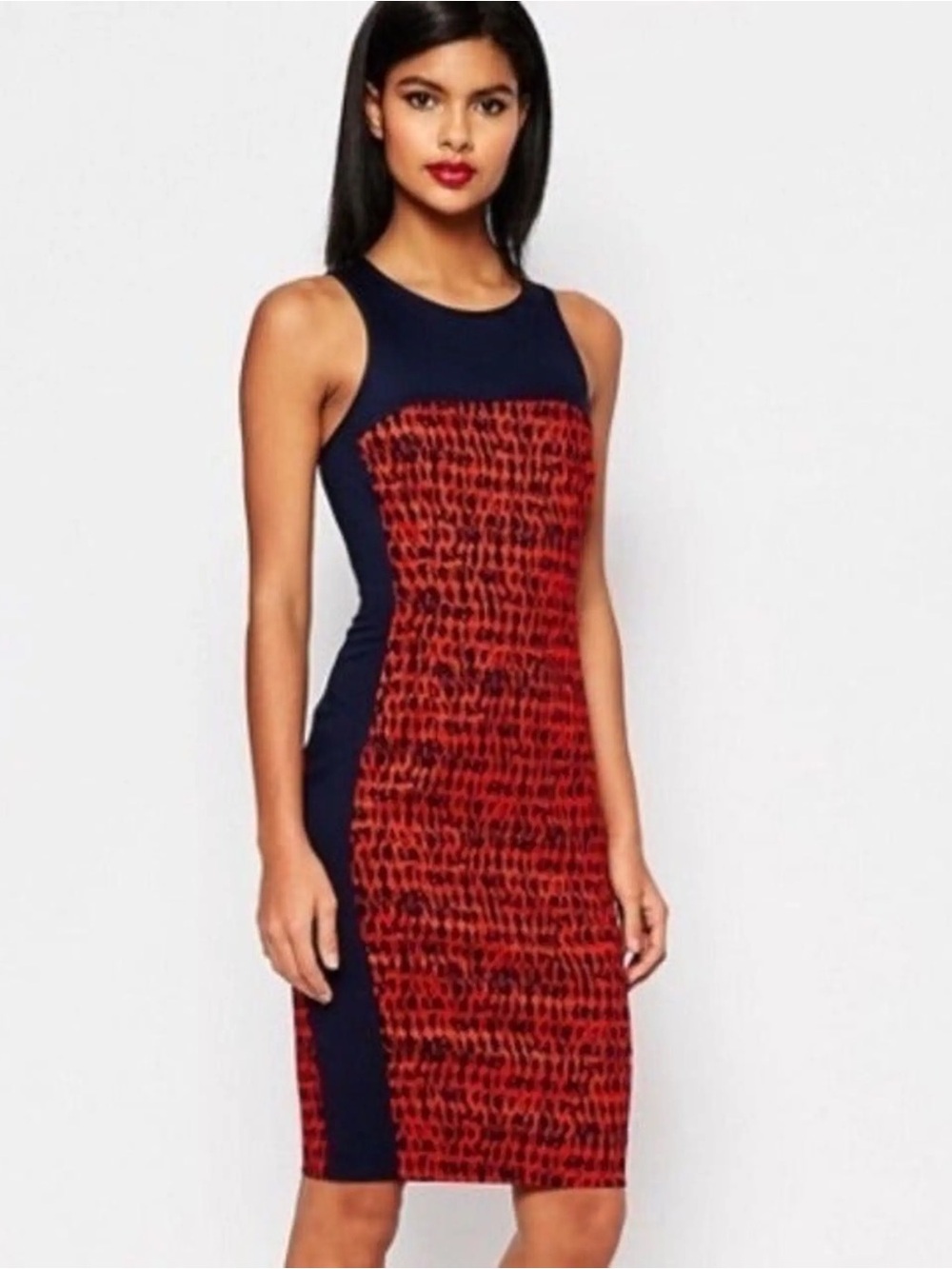 French Connection Red and Navy Printed Midi Bodycon Dress